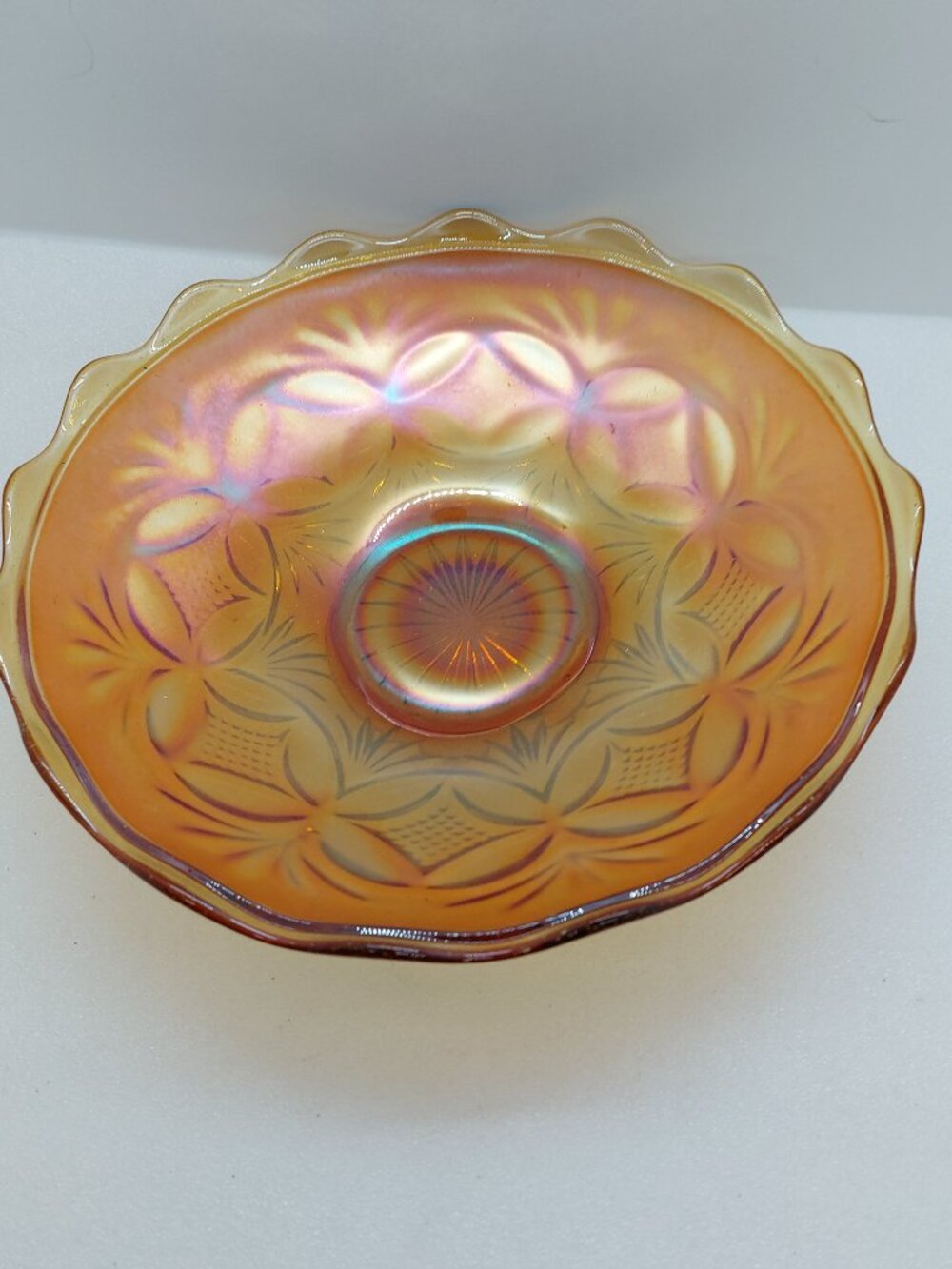 Vintage Carnival Glass 8" Bowl Iridescent & Scalloped Edge